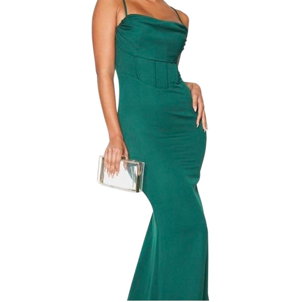 PrettyLittleThing Emerald Green Cowl Corset Maxi Dress Size 6 Forest Fairy Glam